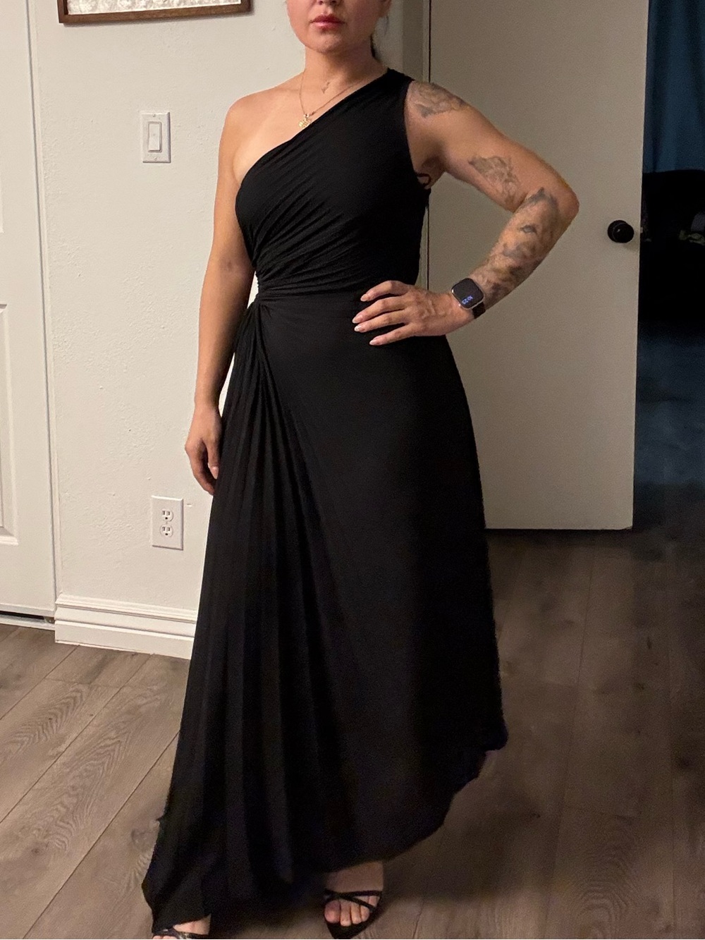 Nicole Miller Black One-Shoulder Draped Maxi Dress